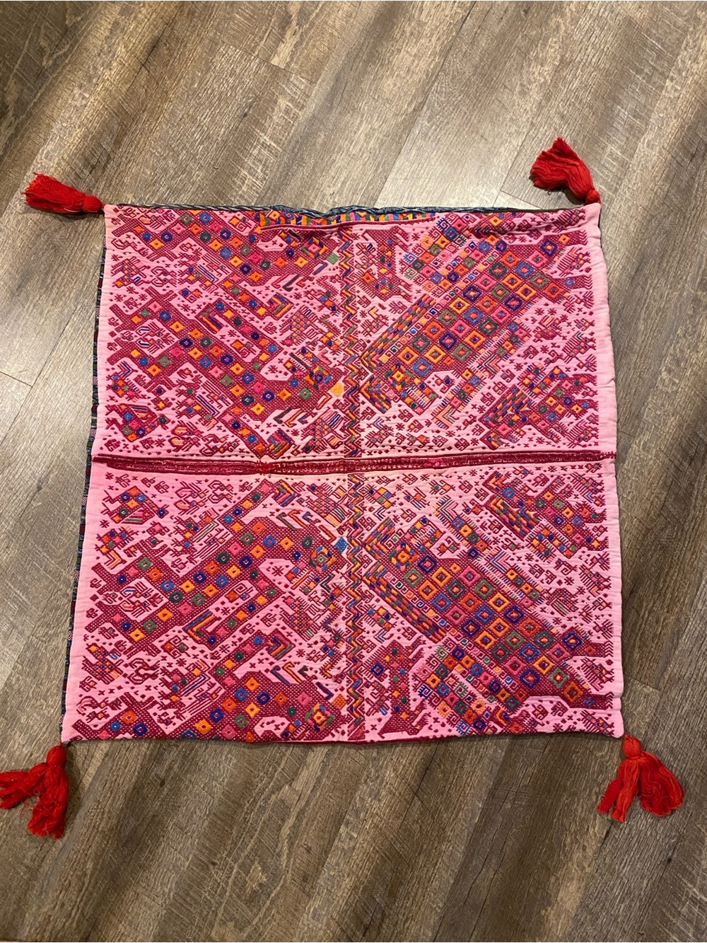 Sugarboo & Co. Handwoven Pink Embroidered Pillow Case with Red Tassels - Sample